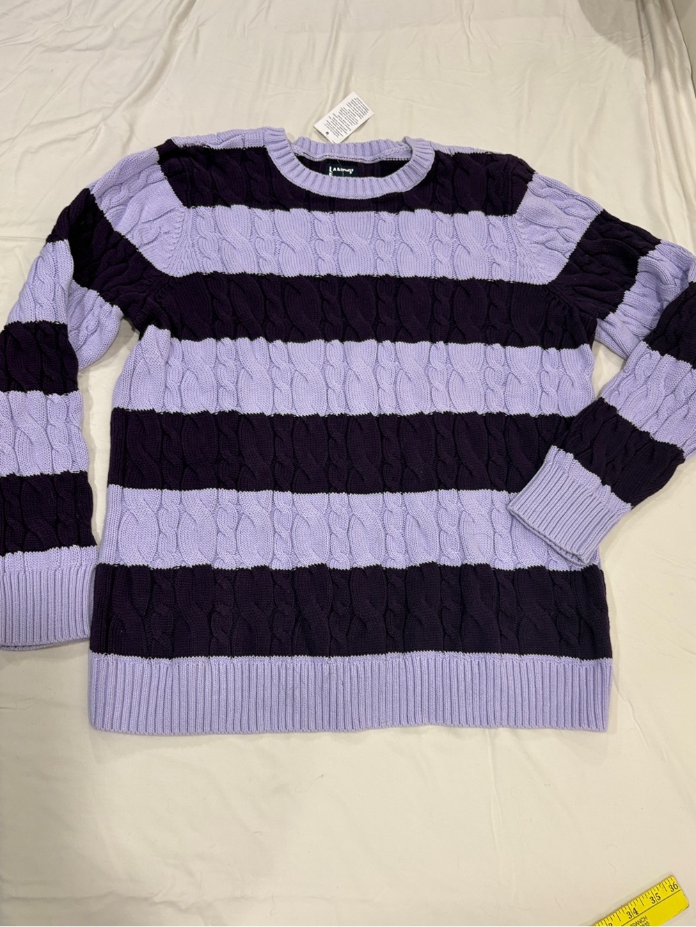 Lands End Womens Sz L Drifter purple Striped Cable Knit Crew Neck Cotton Sweater